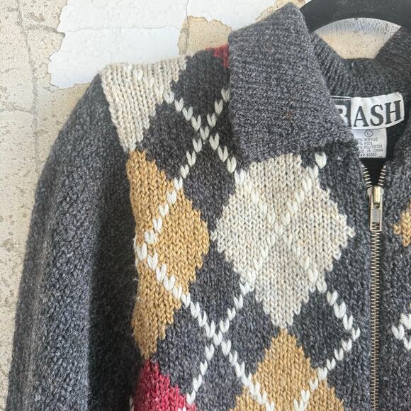 Y2K Argyle Cardigan Full Zip Collared Sweater Gray Red Mustard Preppy Academia L - Picture 2 of 8